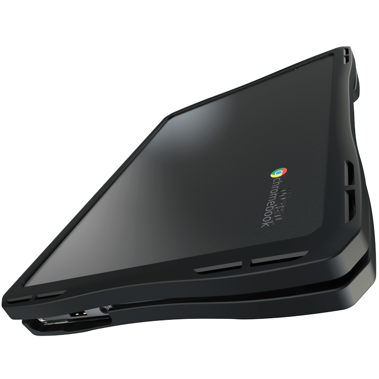 Clear hard shell case on open Dell Chromebook 14 CC14260, side profile in use