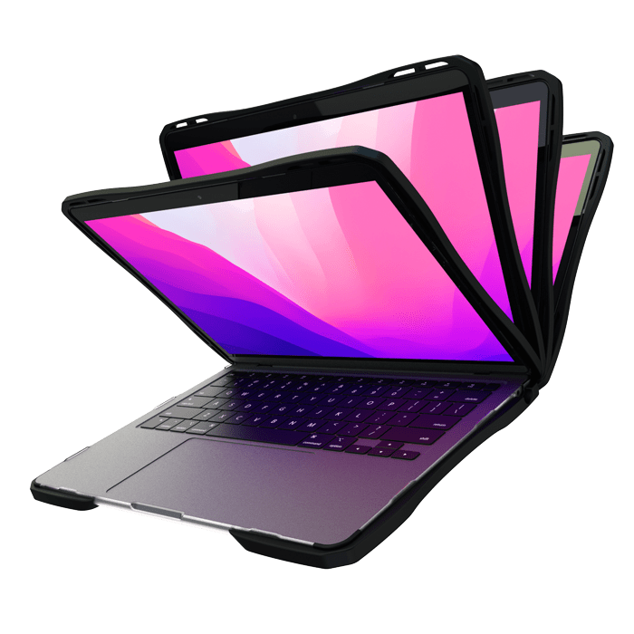 Apple MacBook Air 13.6” (M2 / M3 / M4 / M5) in a hard shell case sliding into a school charging cart